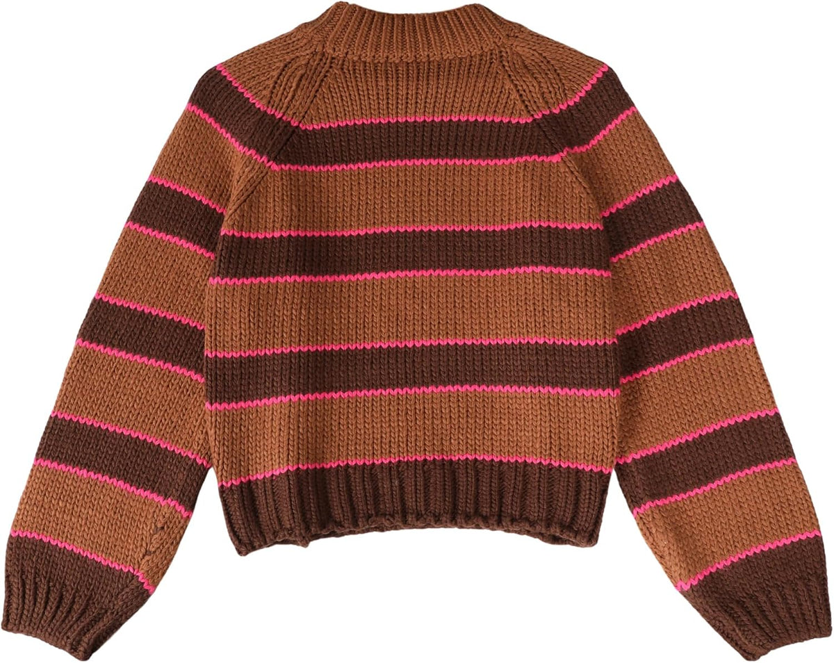 Yeokou Women Stripe Pullover Sweater Turtleneck Ribbed Knit Top Casual Fall Winter Chunky Knitwear