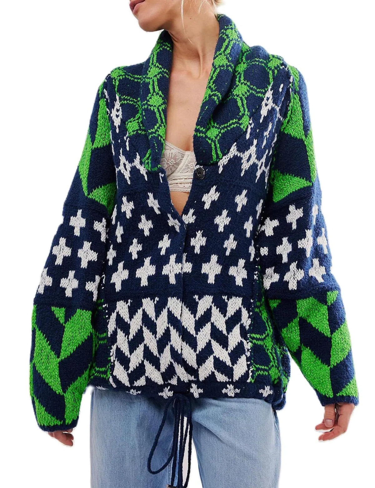 SKIKYAN Women Fall Sweater Cardigans Graphic Button Down Collar Knitwear Long Sleeve Oversized Y2K Print Coats