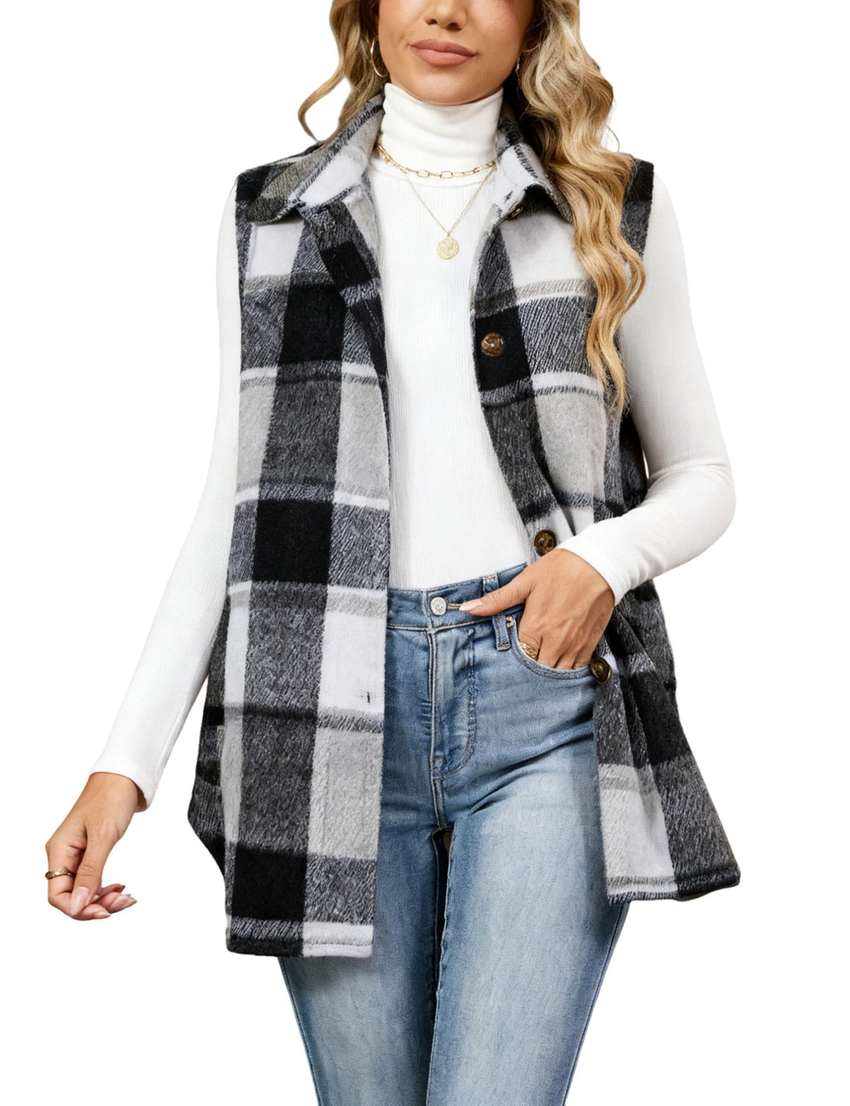 Tanming Women's Plaid Vest Fall Flannel Sleeveless Shacket