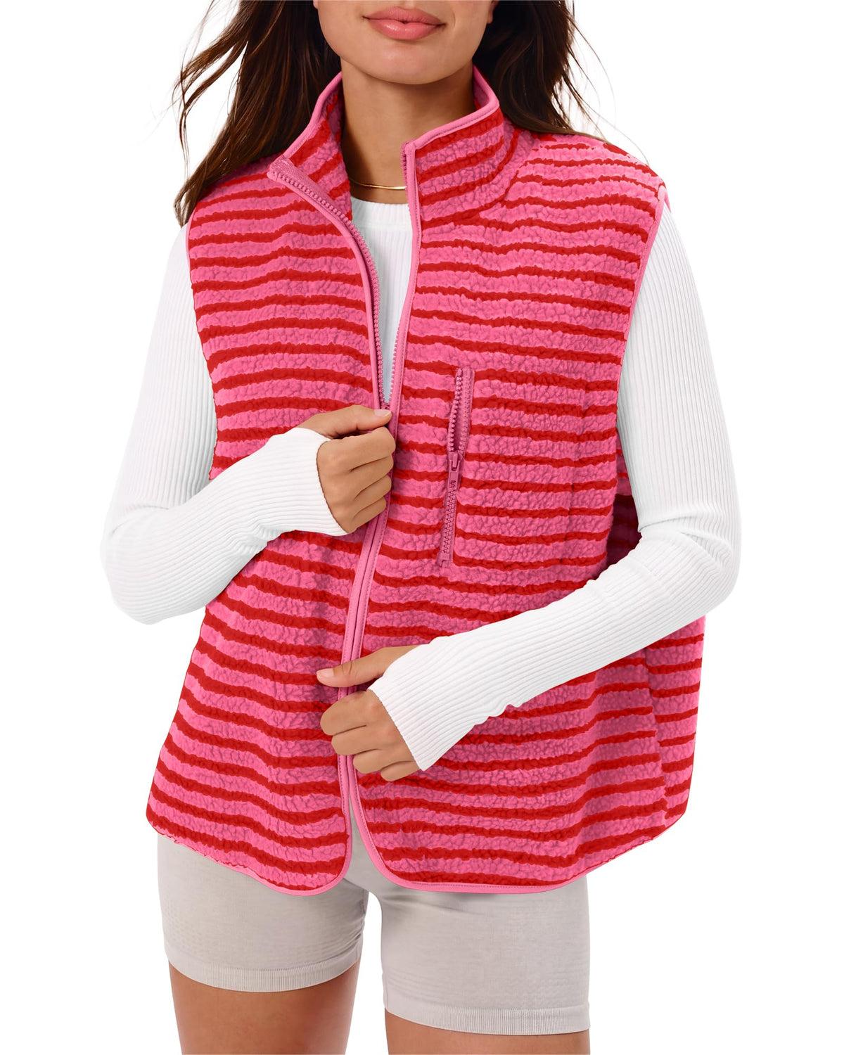 Gacaky Women's Sherpa Fleece Striped Vest Stand Collar Sleeveless Jacket
