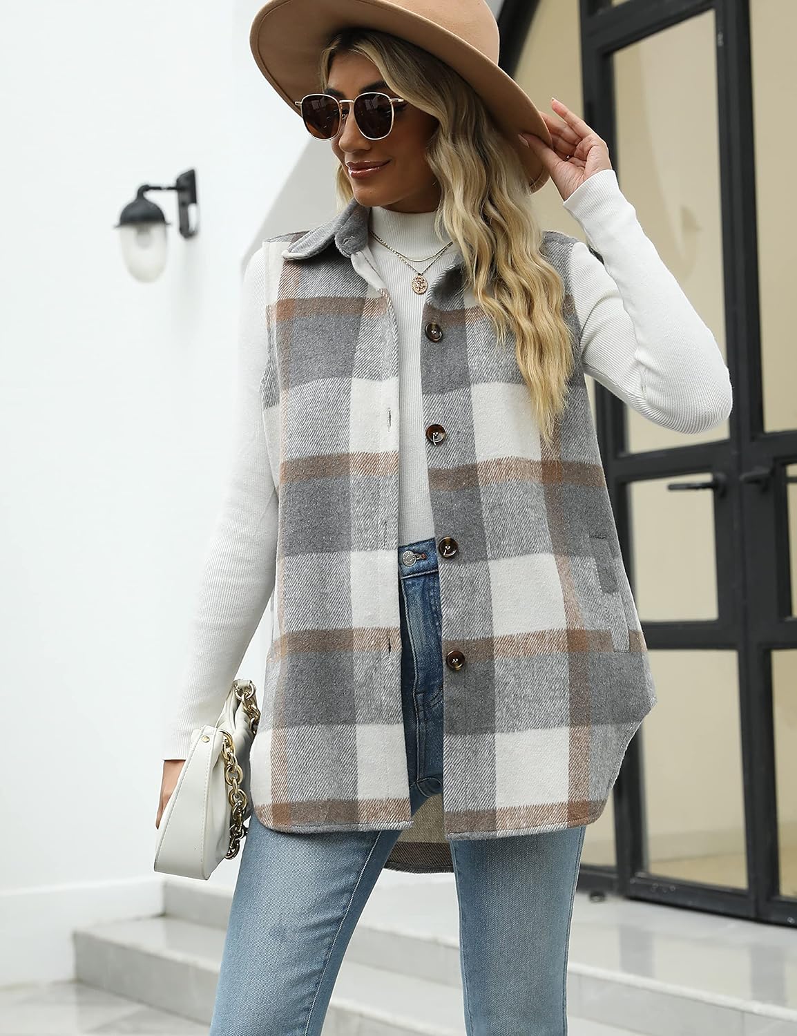 Tanming Women's Plaid Vest Fall Flannel Sleeveless Shacket