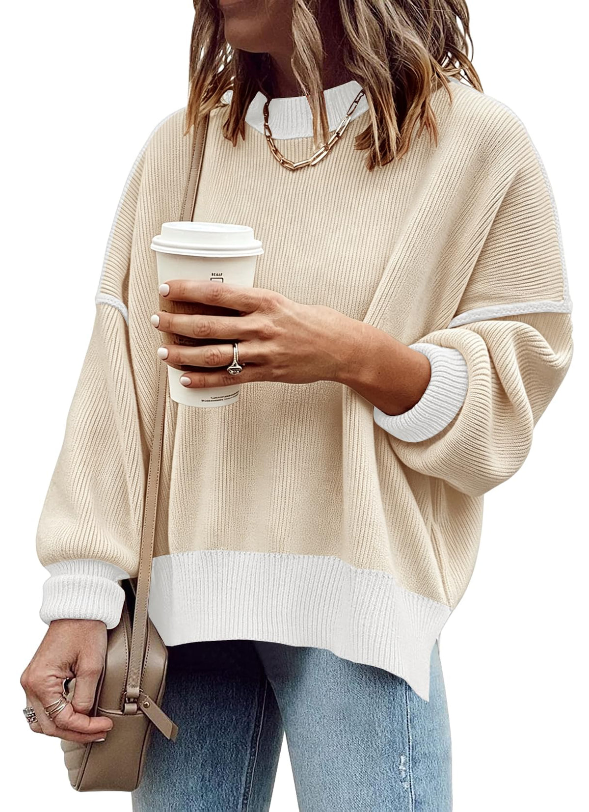 Womens Oversized Sweaters Fall Fashion Side Slit Ribbed Pullover Sweater