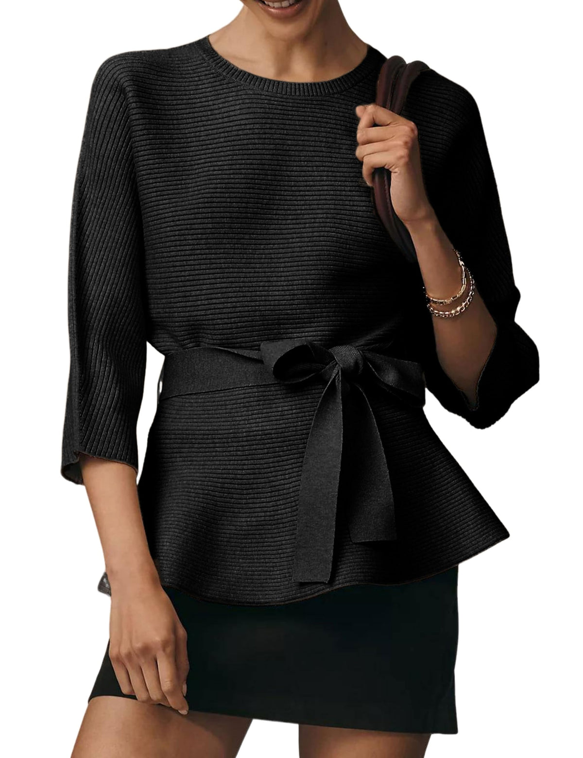 Yeokou Womens Ribbed Belted Sweater 3/4 Sleeve Crew Neck Pullover Tunic Top Spring Fall Casual Loose Fit Knitwear