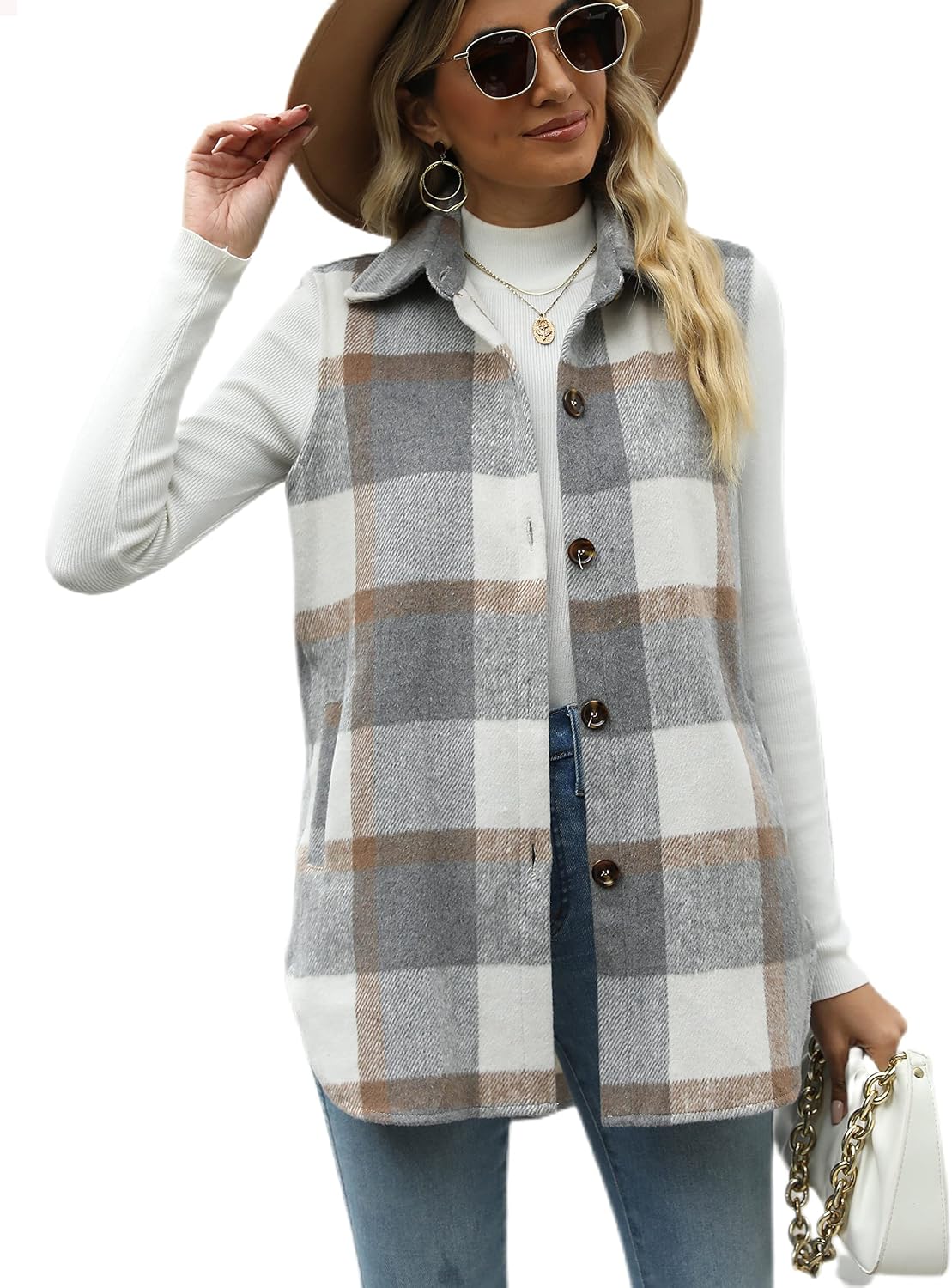 Tanming Women's Plaid Vest Fall Flannel Sleeveless Shacket