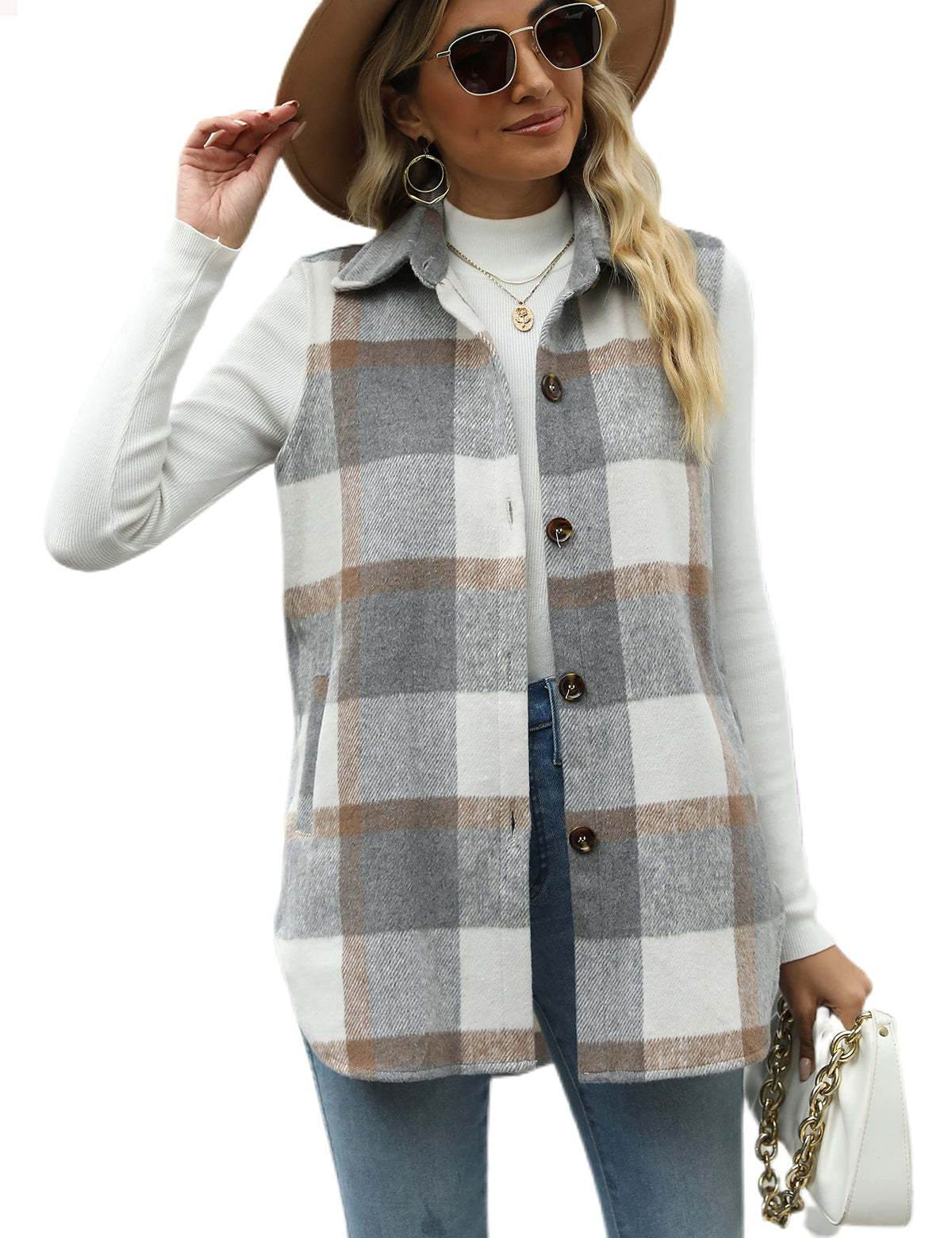 Tanming Women's Plaid Vest Fall Flannel Sleeveless Shacket