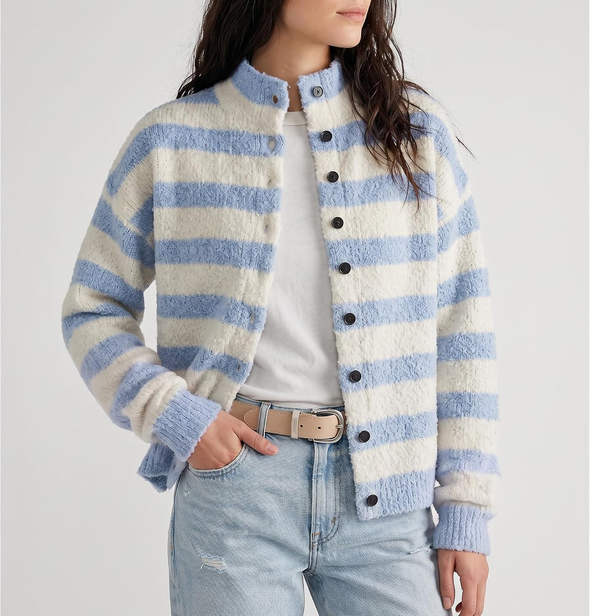 Womens Striped Cardigan Casual Long Sleeve Stand Collar Button Down Sweater Tops Lightweight Fall Fashion Knitwear