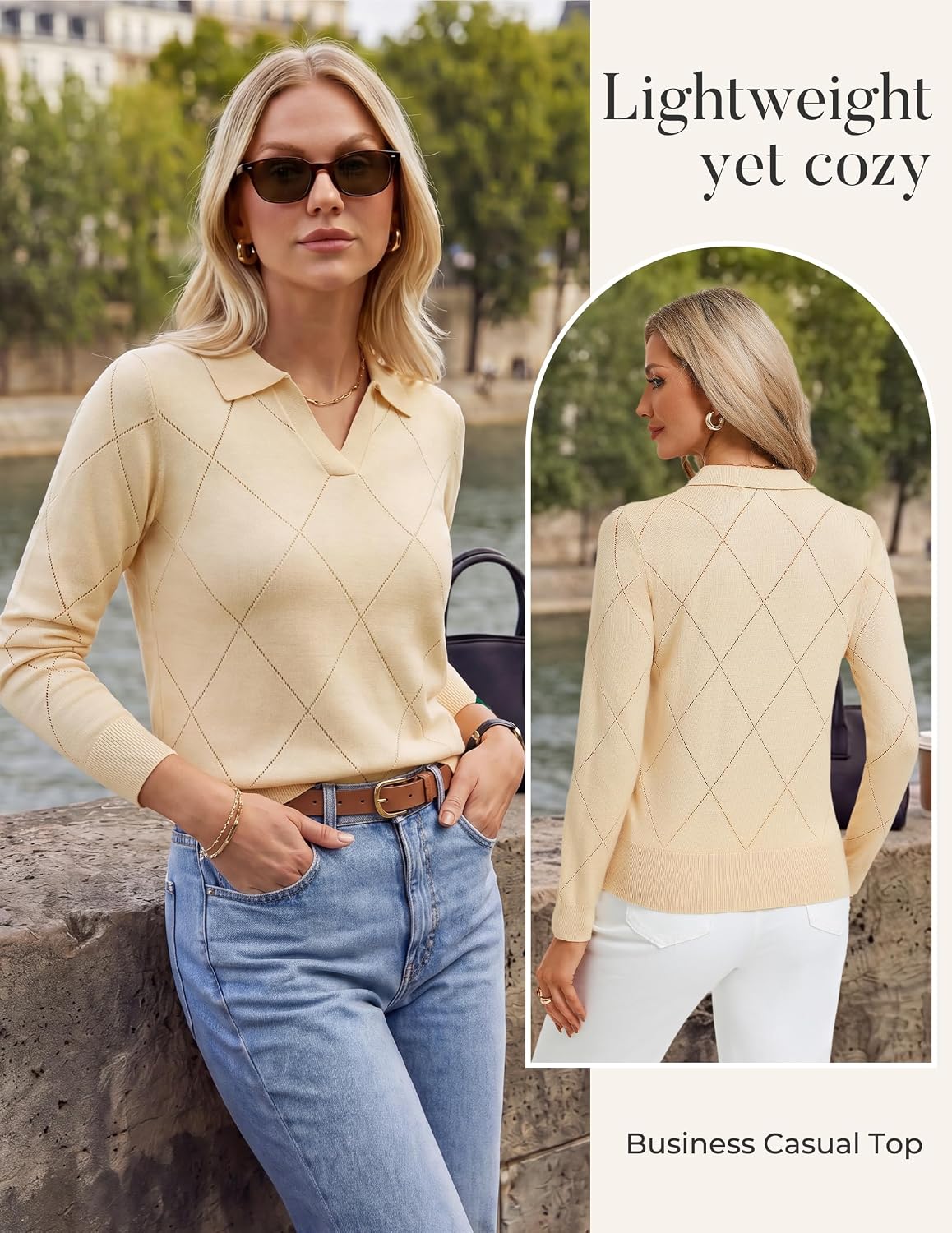 Kate Kasin Women Fall Pullover Sweaters Cozy, V Neck Knit Collared Polo Top