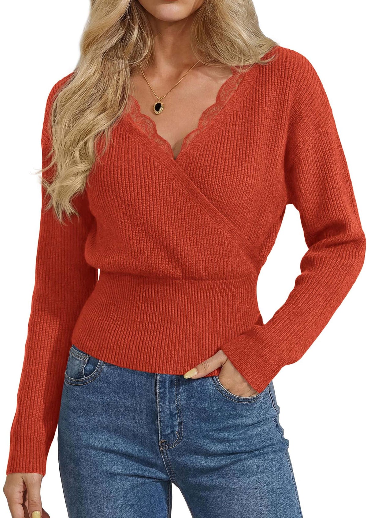 PRETTYGARDEN Women's Lace Trim V Neck Wrap Sweater Cropped Fall Tops 2026