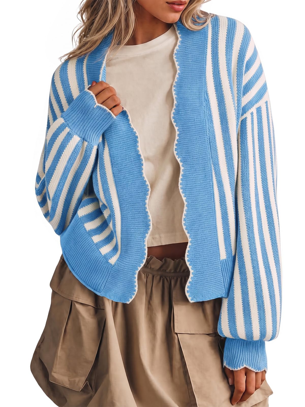 Flowyair Women's Striped Cardigan Sweater Open Front Ruffle Long Sleeve