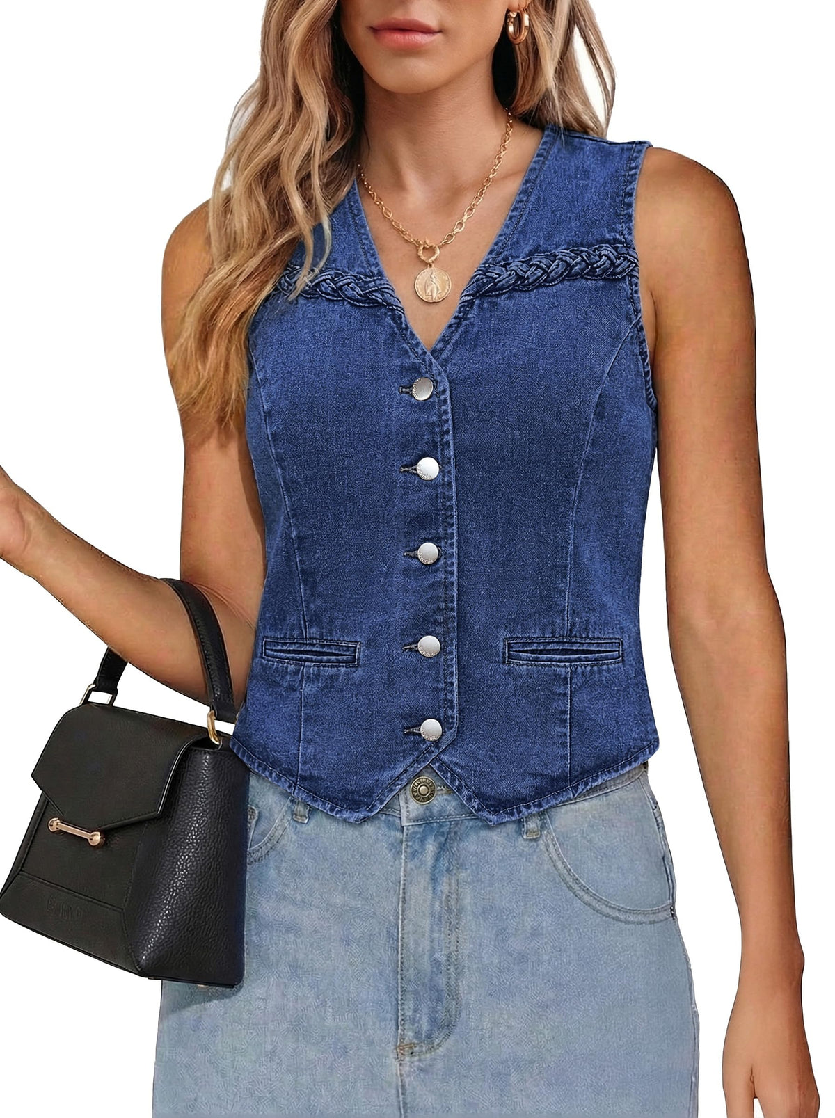 luvamia Denim Vest Women Trendy Button Down Braided Adjustable Waist Western Casual Sleeveless Jean Waistcoat Vests Top