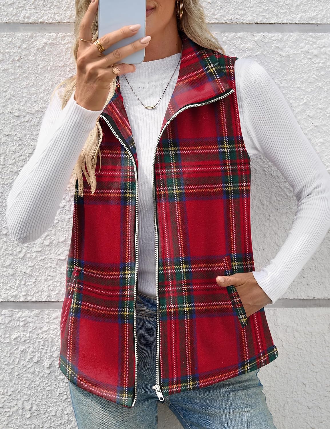 Rapbin Women's Plaid Outerwear Vests Tops Zip Up Collared Sleeveless Jacket with Pockects
