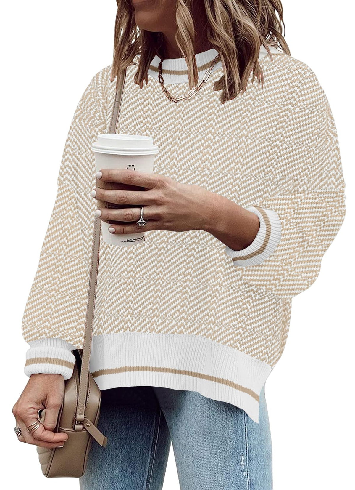 Womens Sweaters Causal Crewneck Batwing Sleeve Knit Top Side Split Oversized Pullover Sweater Loose Jumper