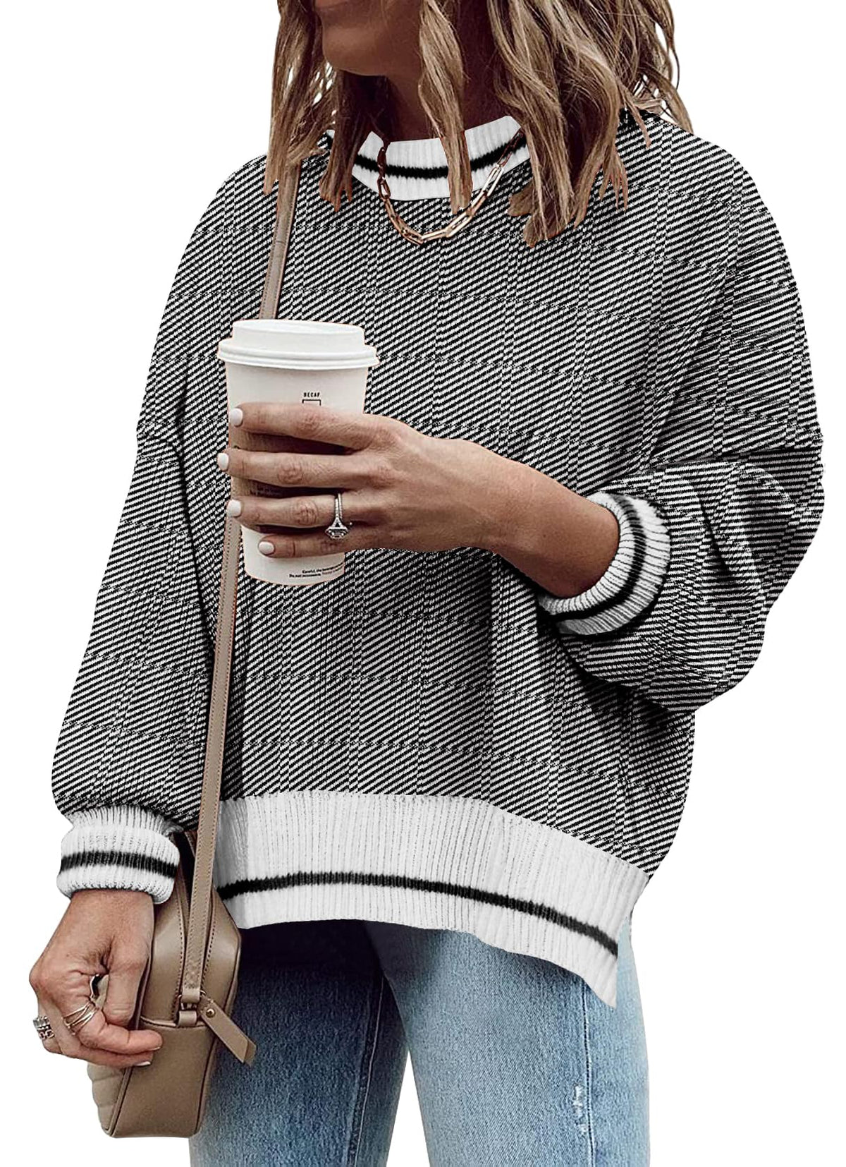 Womens Oversized Sweaters Fall Fashion Side Slit Ribbed Pullover Sweater