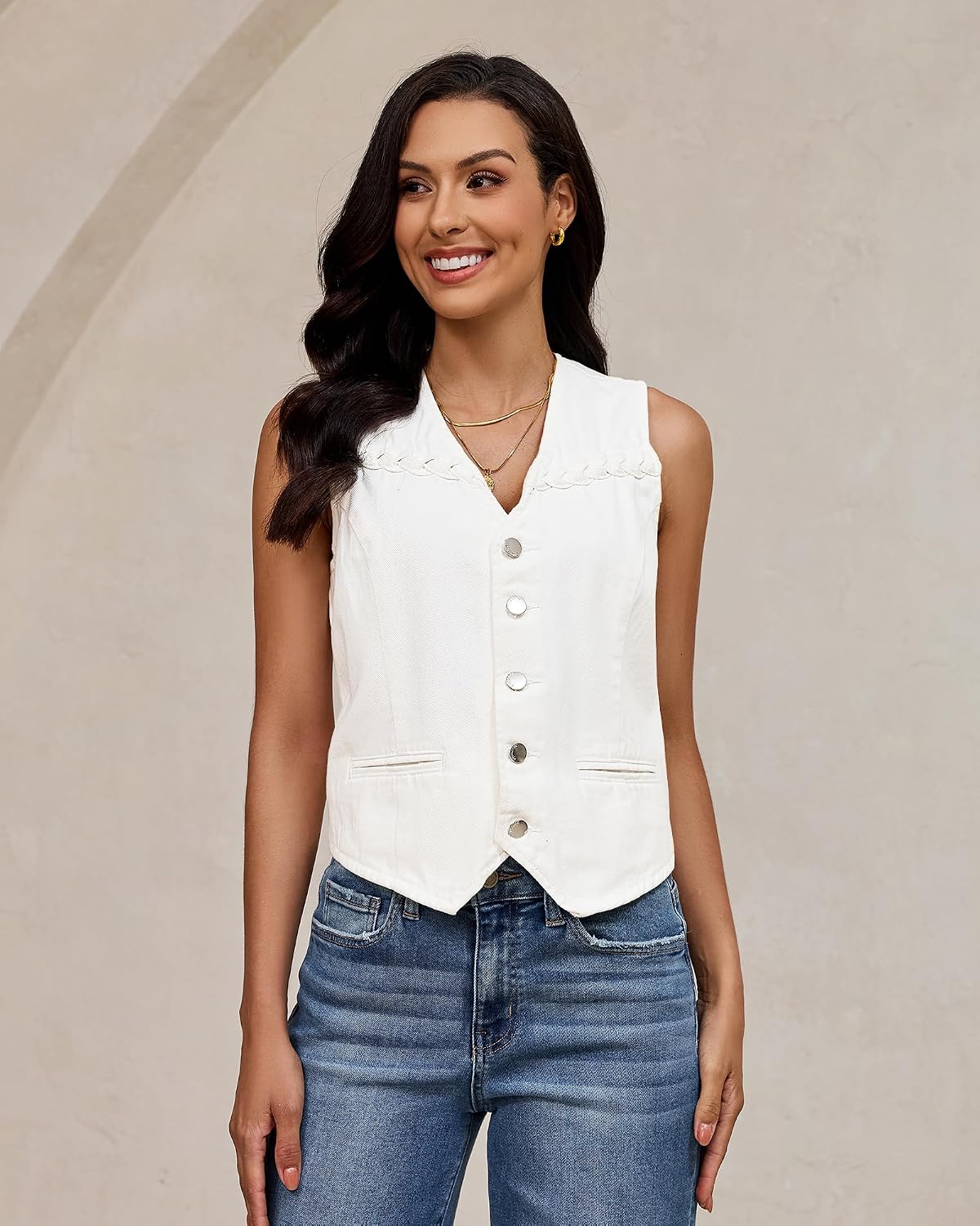 luvamia Denim Vest Women Trendy Button Down Braided Adjustable Waist Western Casual Sleeveless Jean Waistcoat Vests Top