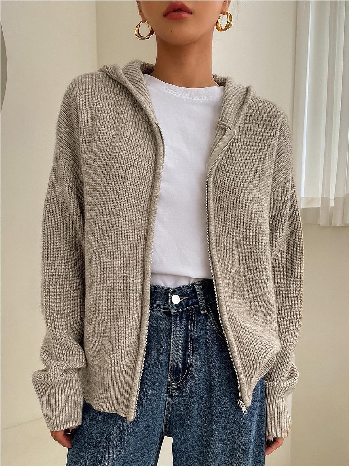 SOLY HUX Zip Up Cardigan for Women Hooded Knit Sweater Jackets