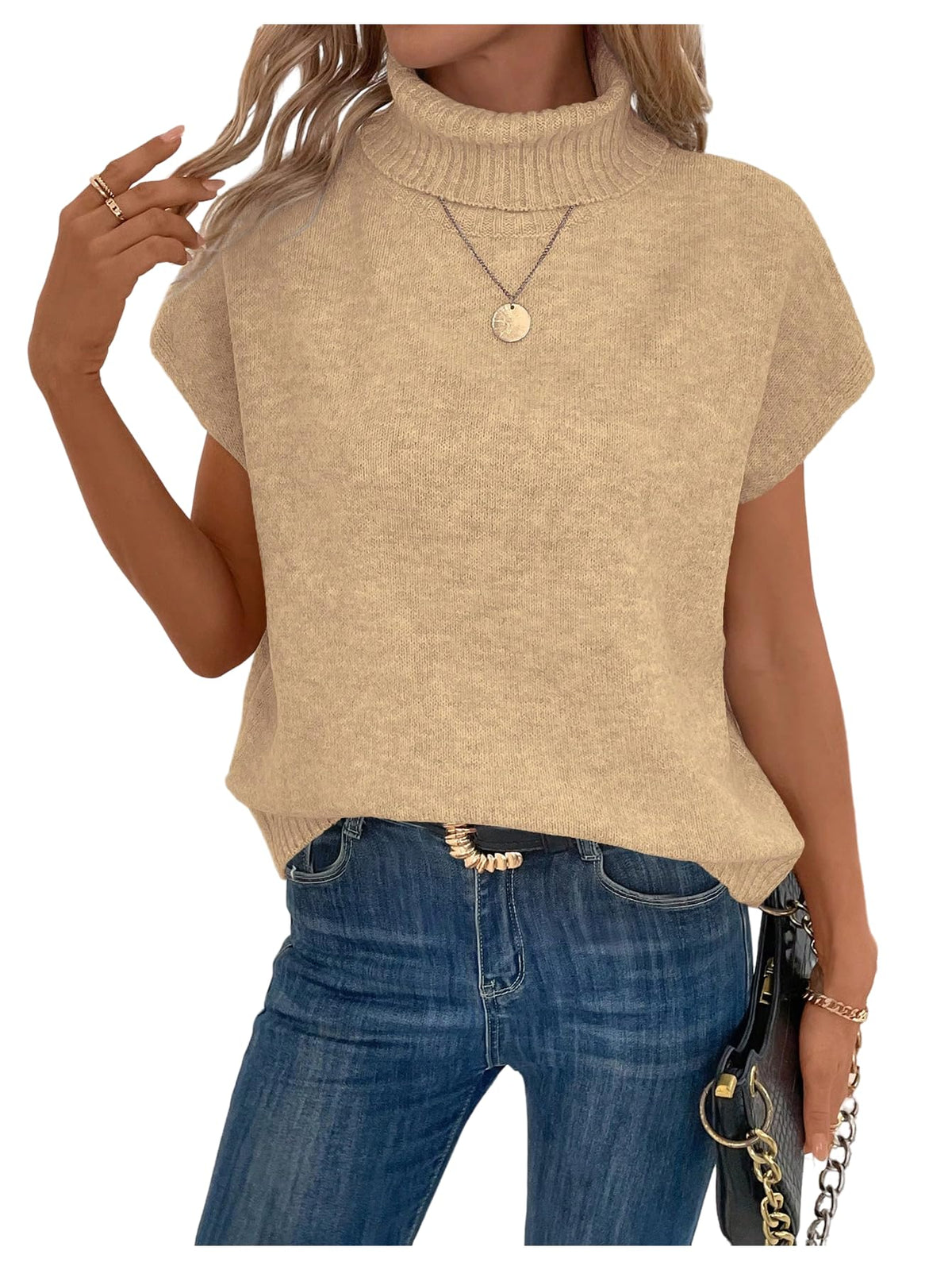 WDIRARA Women's Turtleneck Cap Sleeve Sweater Vest Pullover Knitted Top Loose Oversized Knitwear
