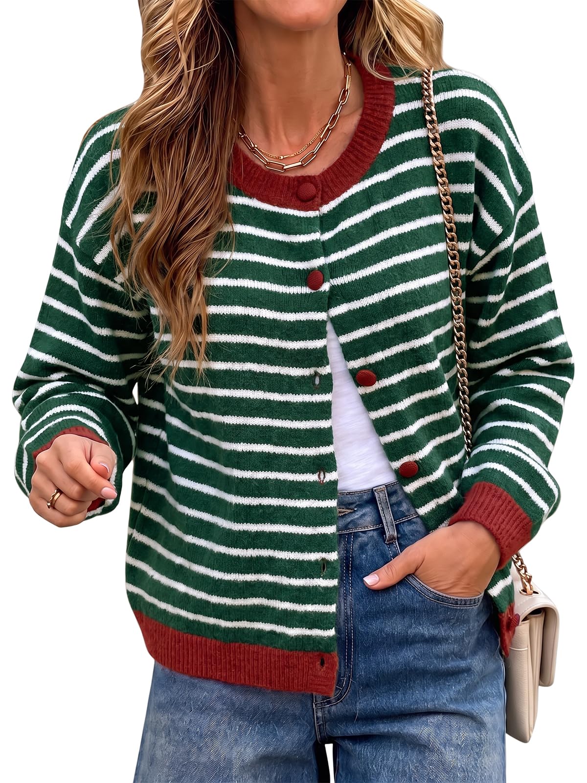 Cicy Bell Women Striped Cardigan Sweater Button Down Crewneck Knitwear