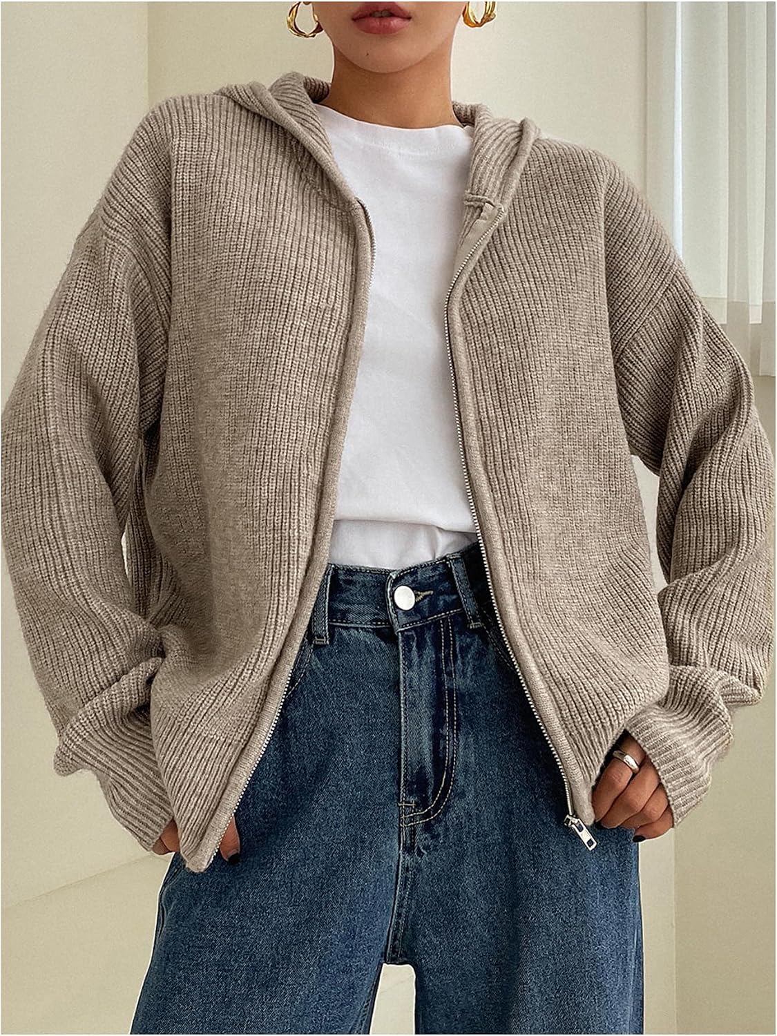 SOLY HUX Zip Up Cardigan for Women Hooded Knit Sweater Jackets