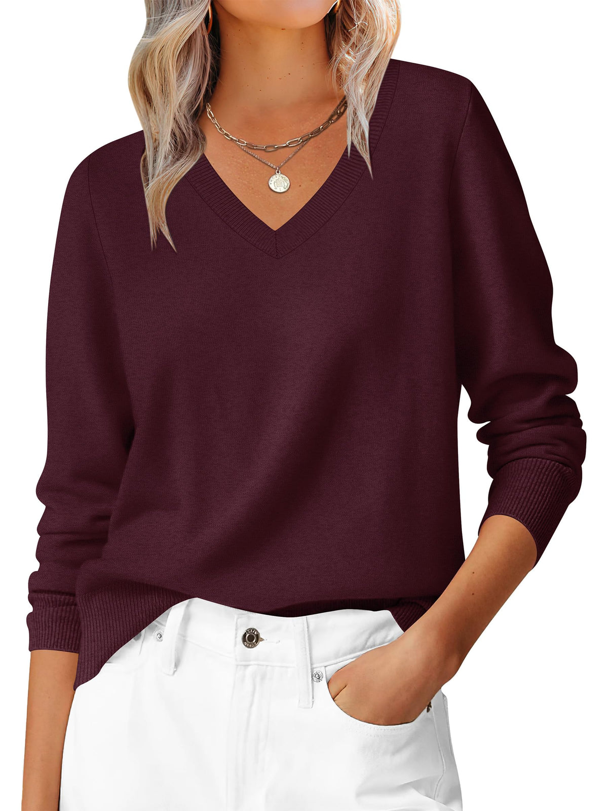 ANRABESS Women’s Fall Long Sleeve V Neck Lightweight Sweaters Top