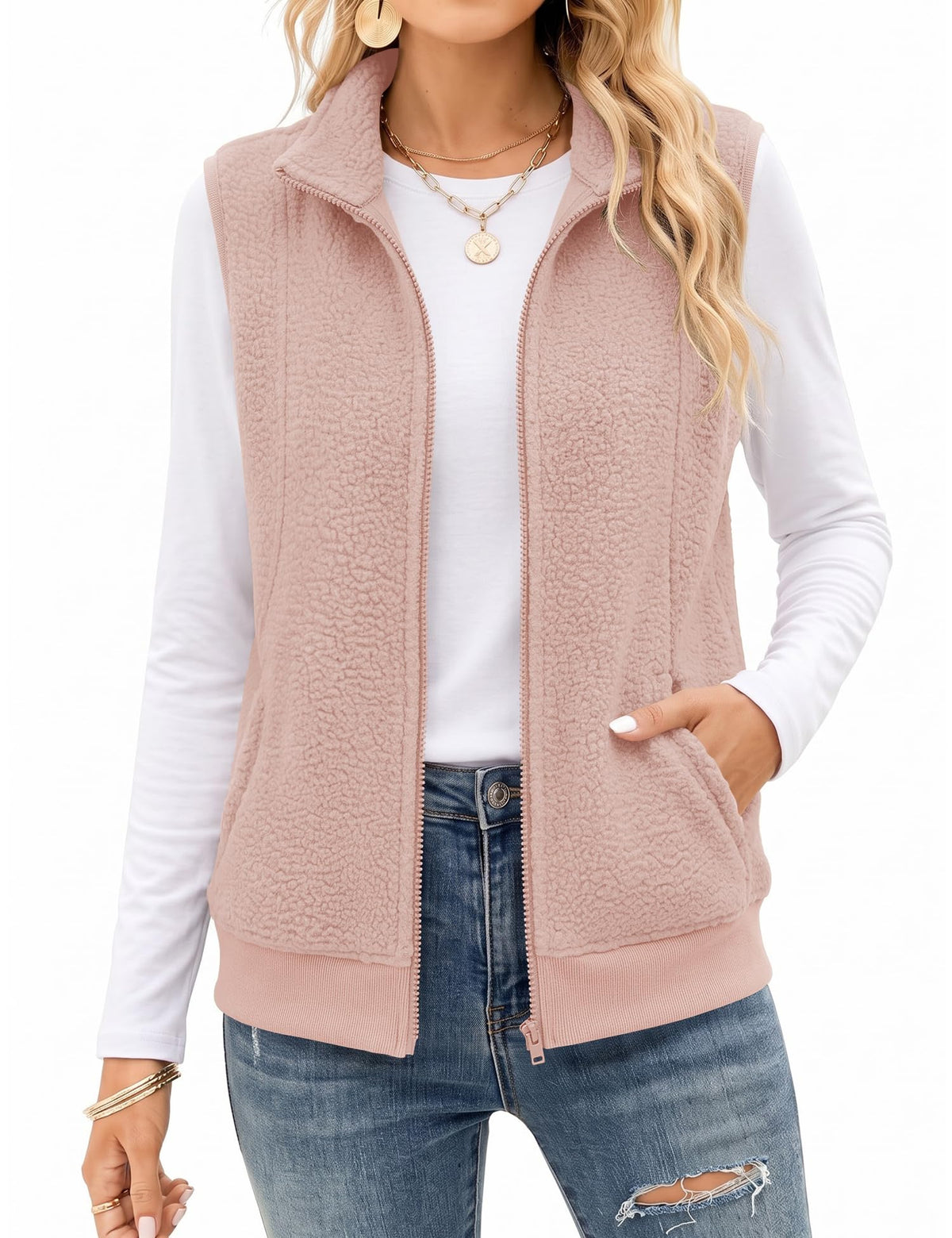 AKEWEI Womens Sherpa Fleece Vest Trendy Warm Sleeveless Vests Jacket