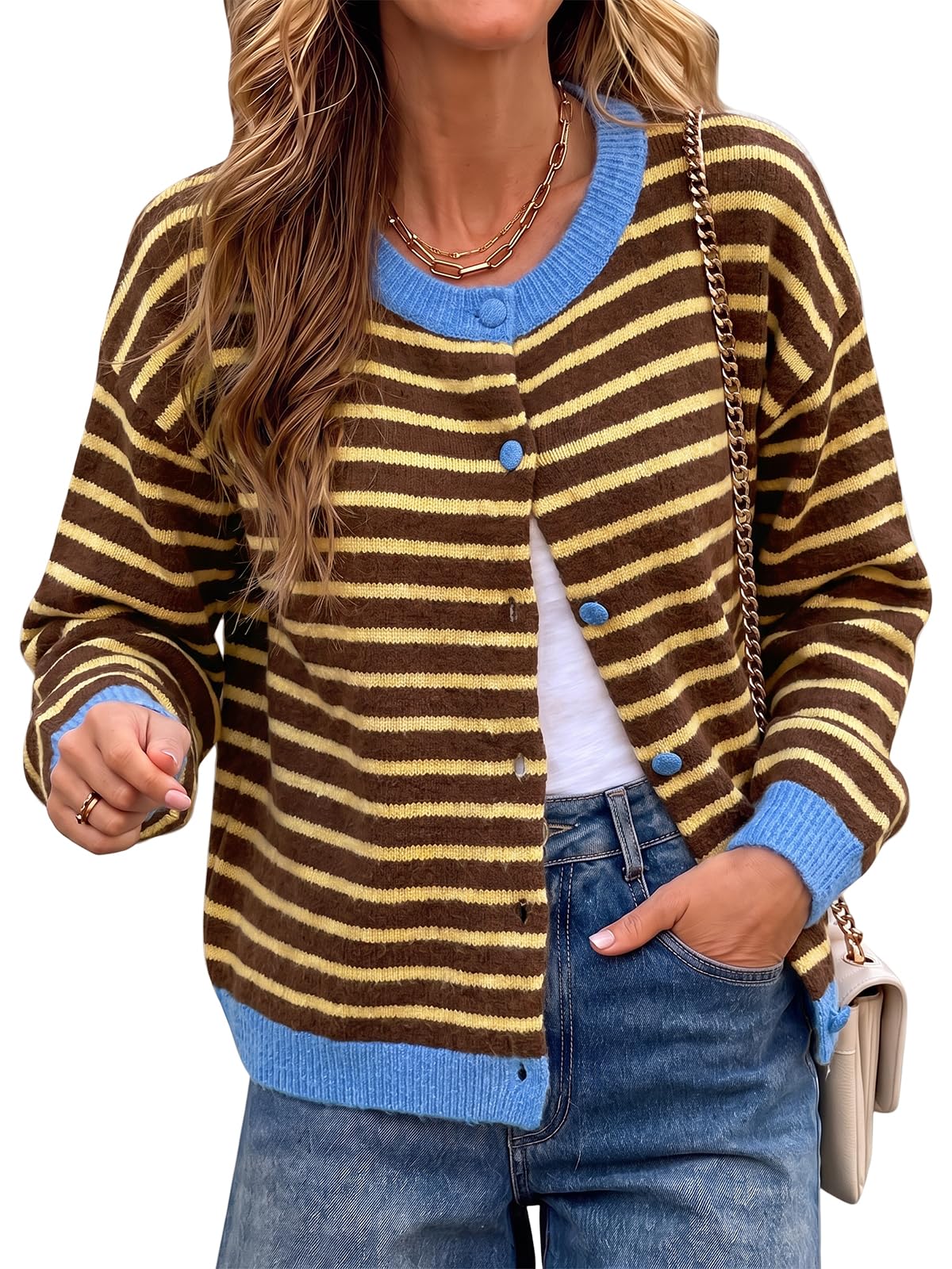 Cicy Bell Women Striped Cardigan Sweater Button Down Crewneck Knitwear