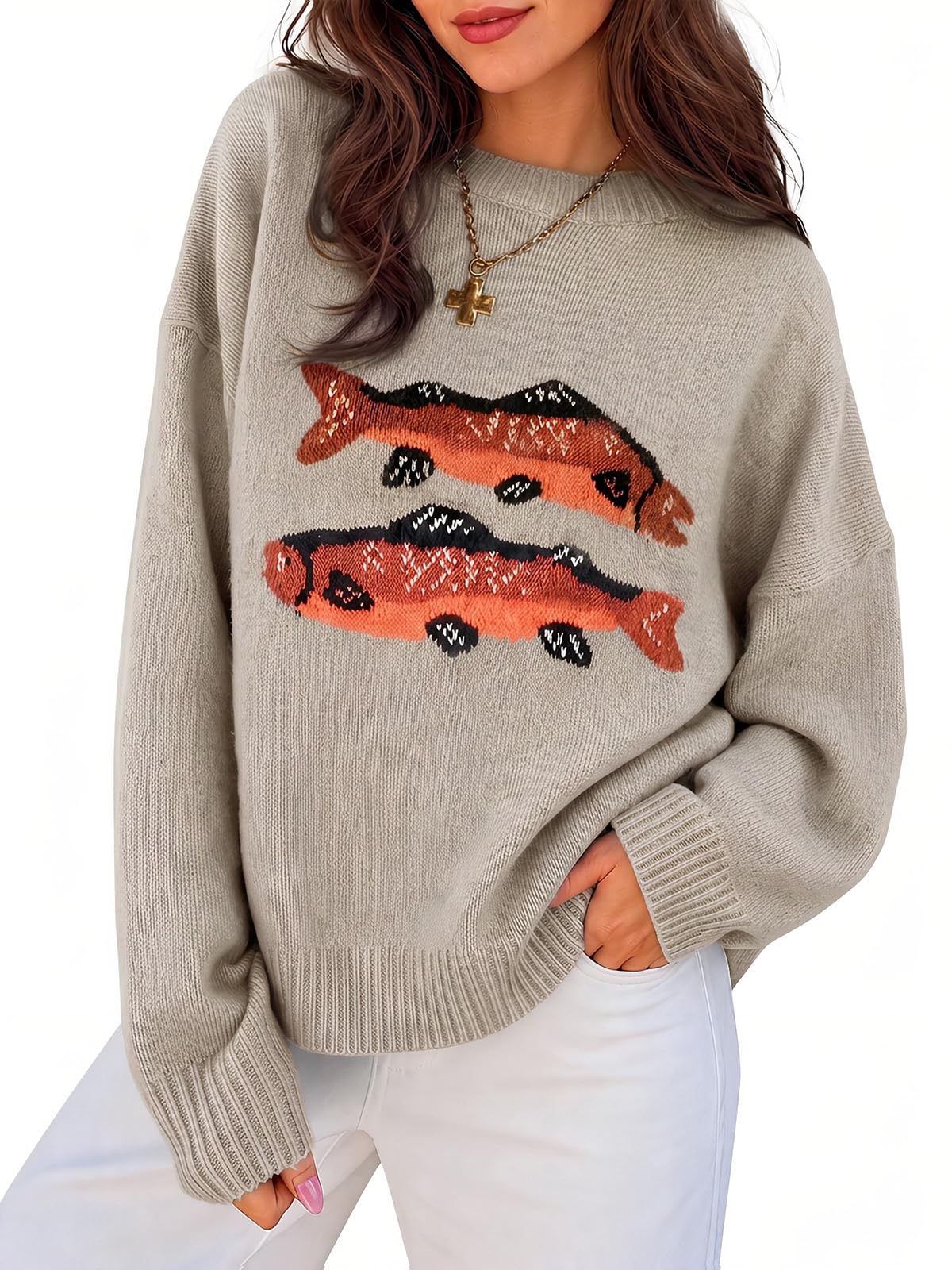 Flowyair Womens Fish Graphic Sweater Long Sleeve Knit Crew Neck Pullover