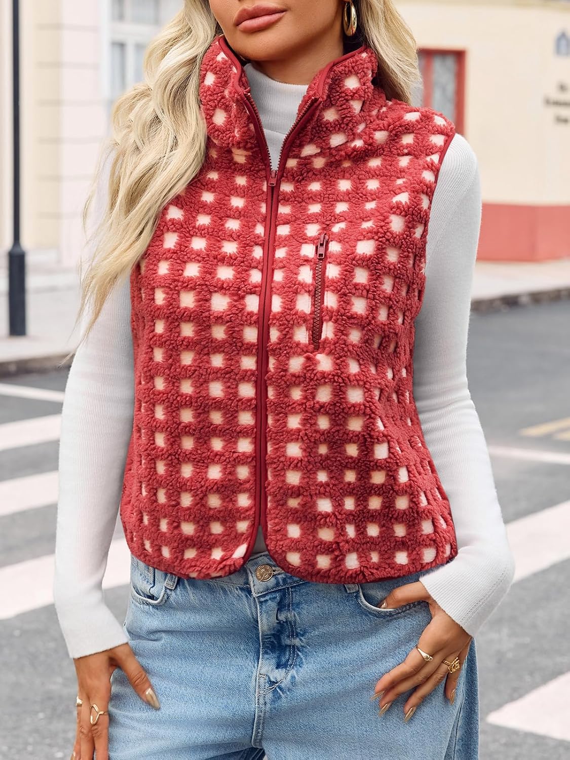 Tankaneo Womens Checkered Sherpa Vest Fleece Fuzzy Zip Up Sleeveless Jacket
