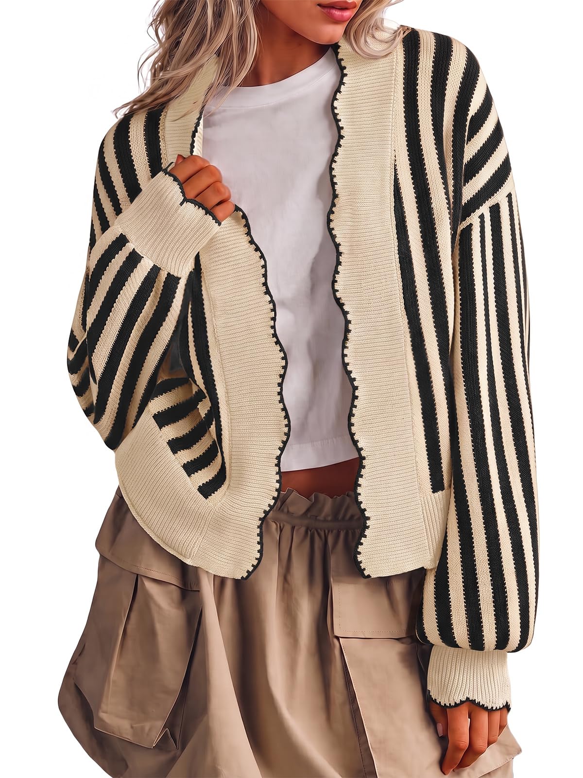 Flowyair Women's Striped Cardigan Sweater Open Front Ruffle Long Sleeve