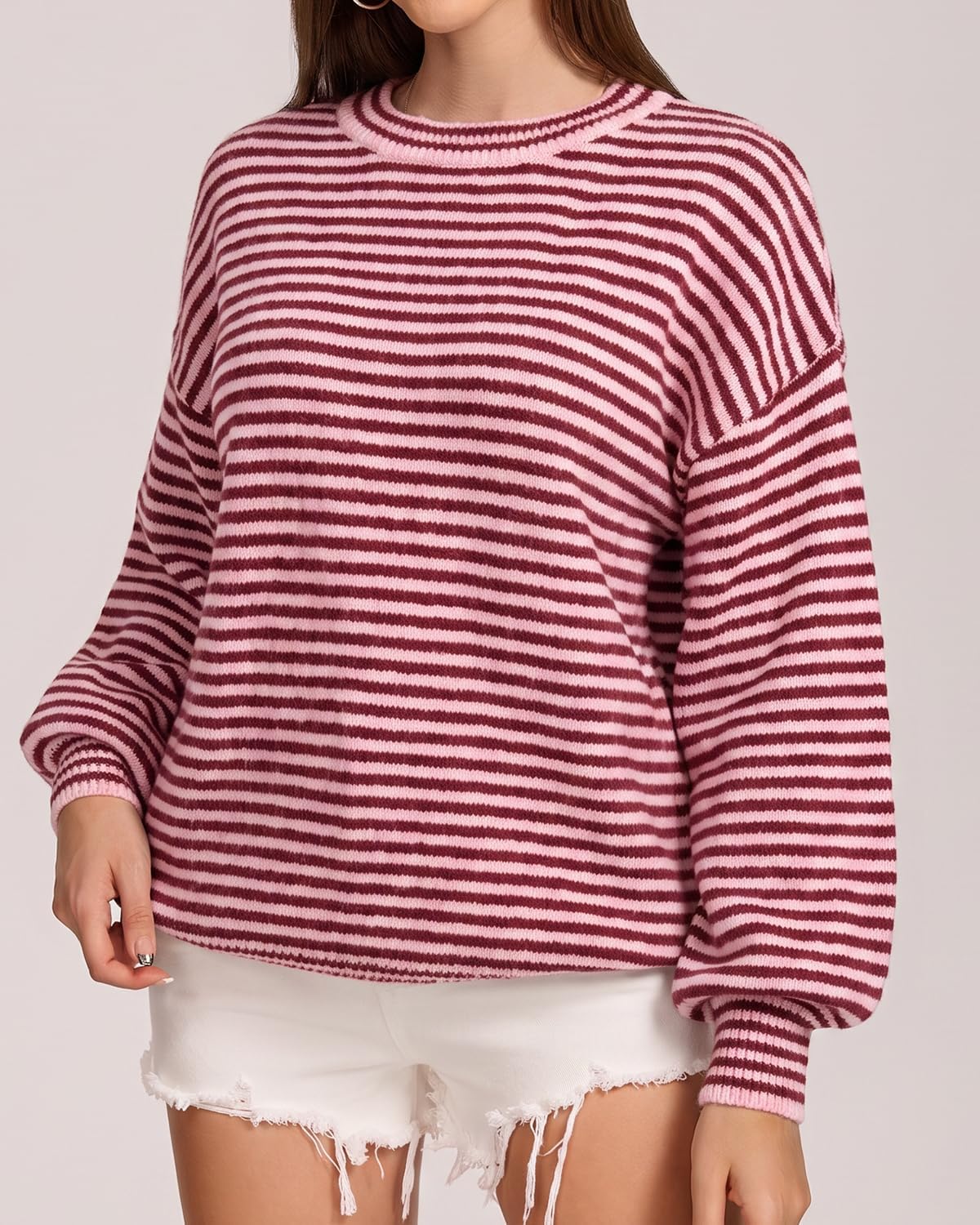 QINSEN Women's Crewneck Oversized Sweater Striped Long Sleeve Pullover Top