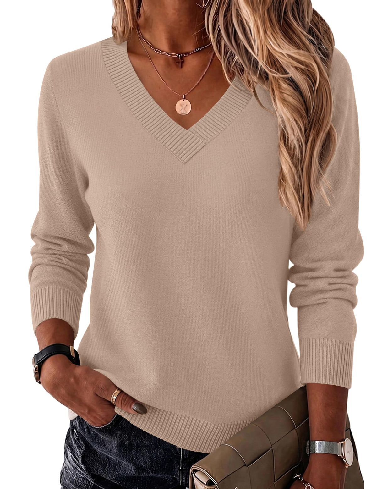 Zeagoo Womens V Neck Sweaters Long Sleeve Tops Lightweight Fall Clothes