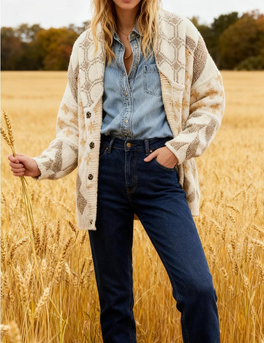 SKIKYAN Women Fall Sweater Cardigans Graphic Button Down Collar Knitwear Long Sleeve Oversized Y2K Print Coats