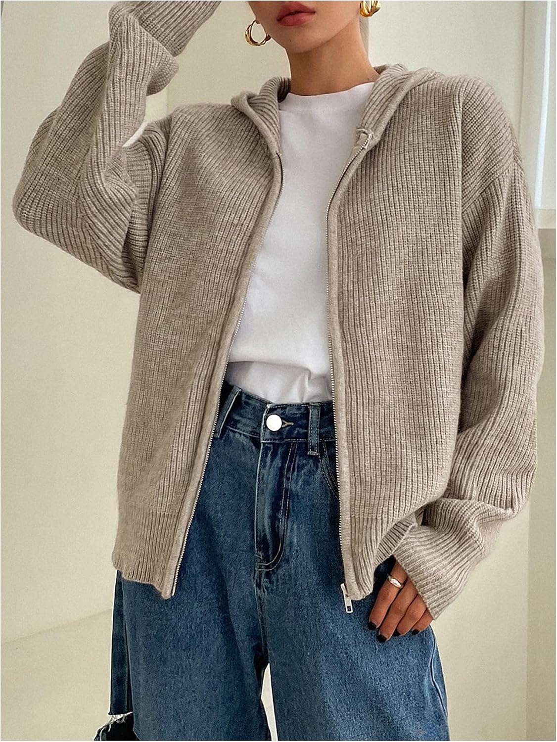 SOLY HUX Zip Up Cardigan for Women Hooded Knit Sweater Jackets