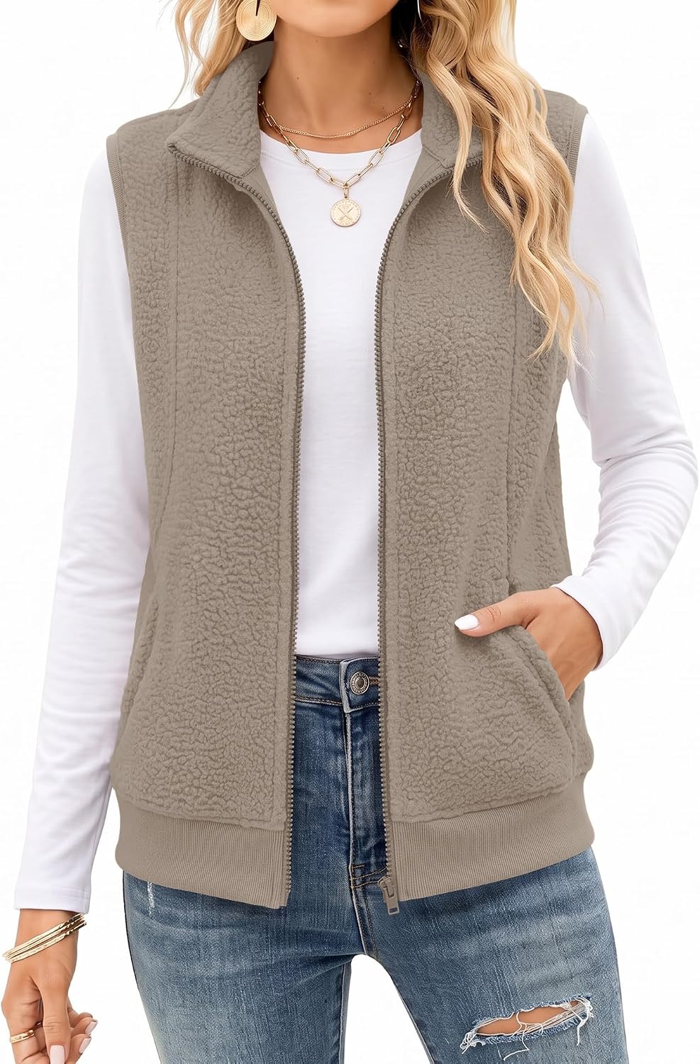 AKEWEI Womens Sherpa Fleece Vest Trendy Warm Sleeveless Vests Jacket