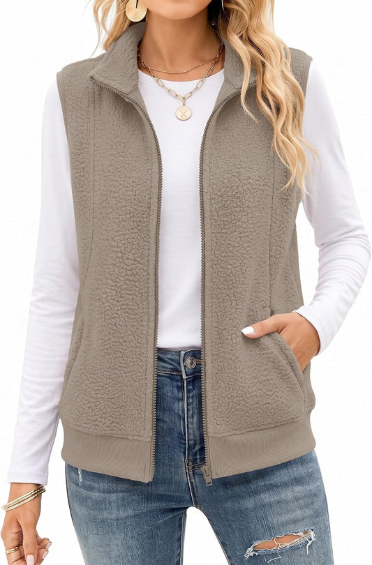 AKEWEI Womens Sherpa Fleece Vest Trendy Warm Sleeveless Vests Jacket