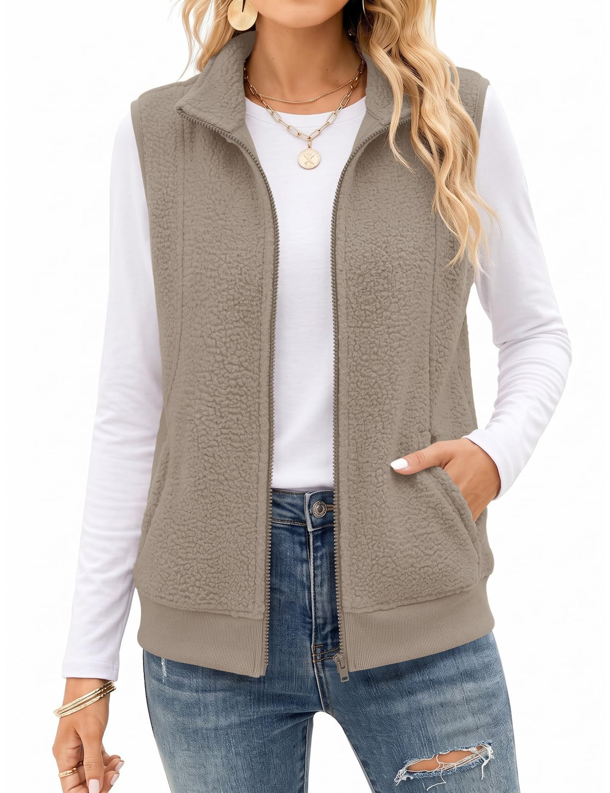AKEWEI Womens Sherpa Fleece Vest Trendy Warm Sleeveless Vests Jacket
