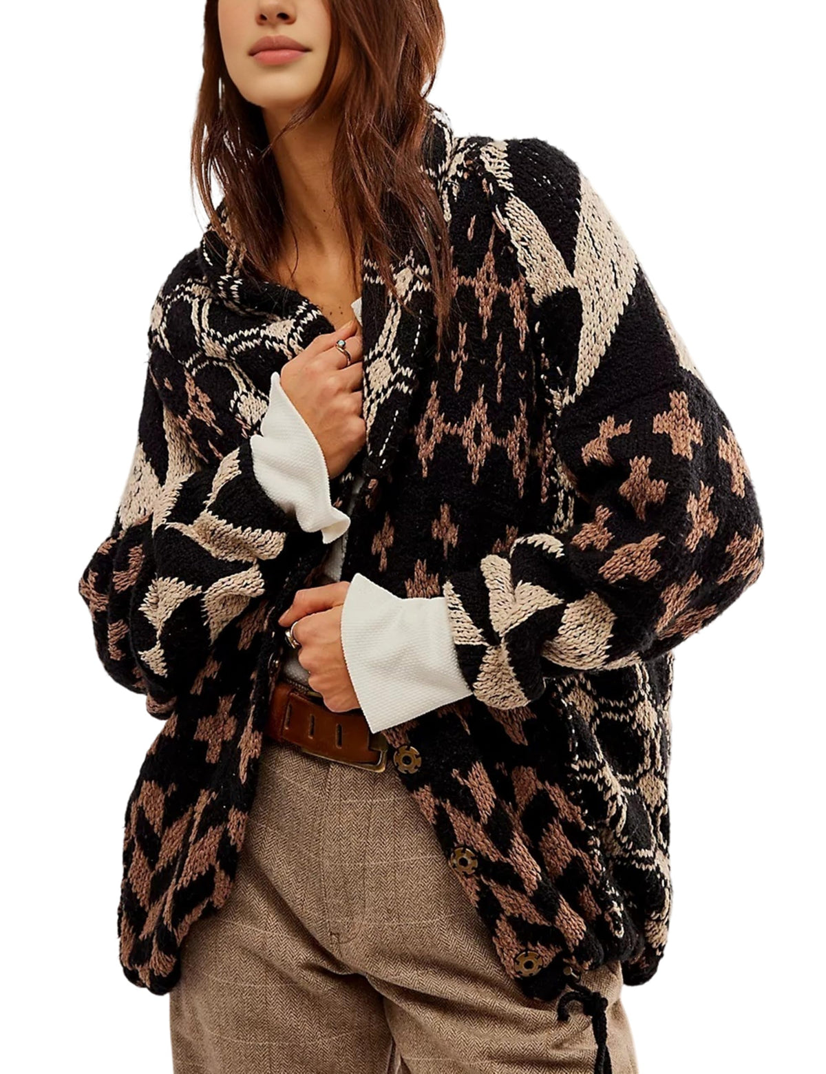 SKIKYAN Women Fall Sweater Cardigans Graphic Button Down Collar Knitwear Long Sleeve Oversized Y2K Print Coats