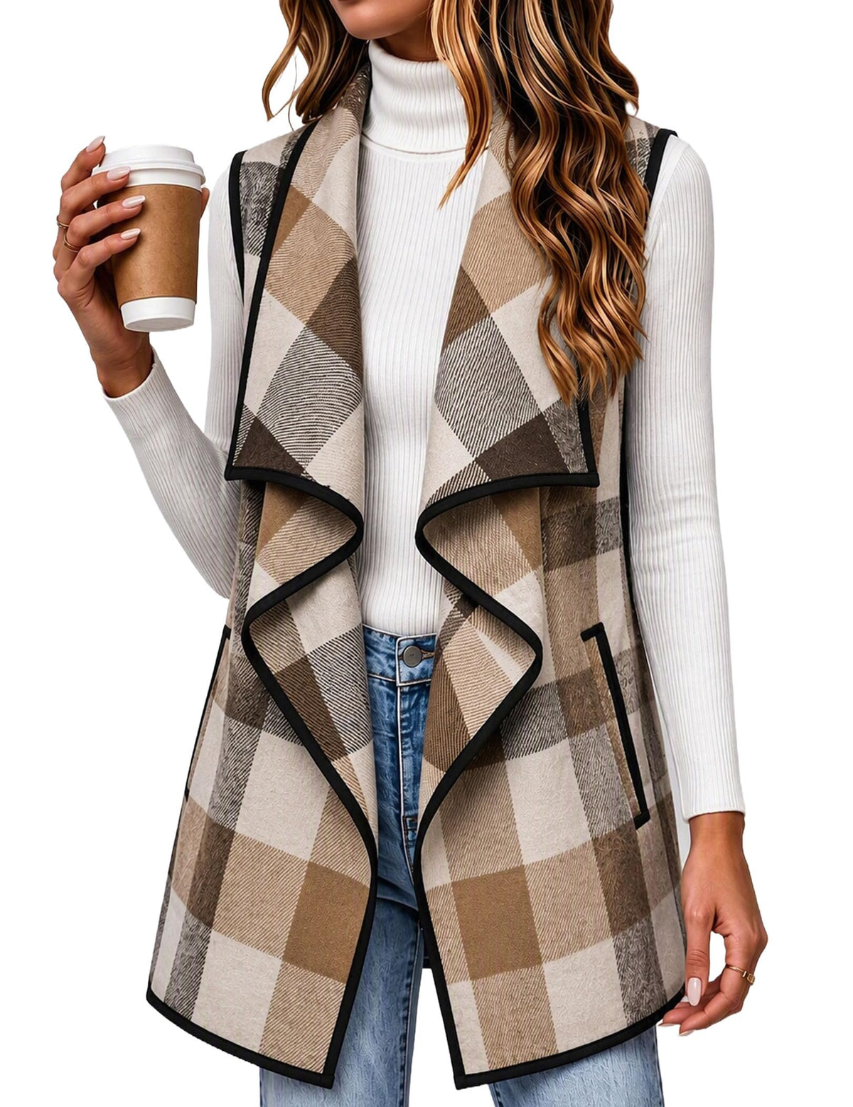 Zeagoo Women Vest Long Plaid Jackets Sleeveless Flannel Coats with Pockets