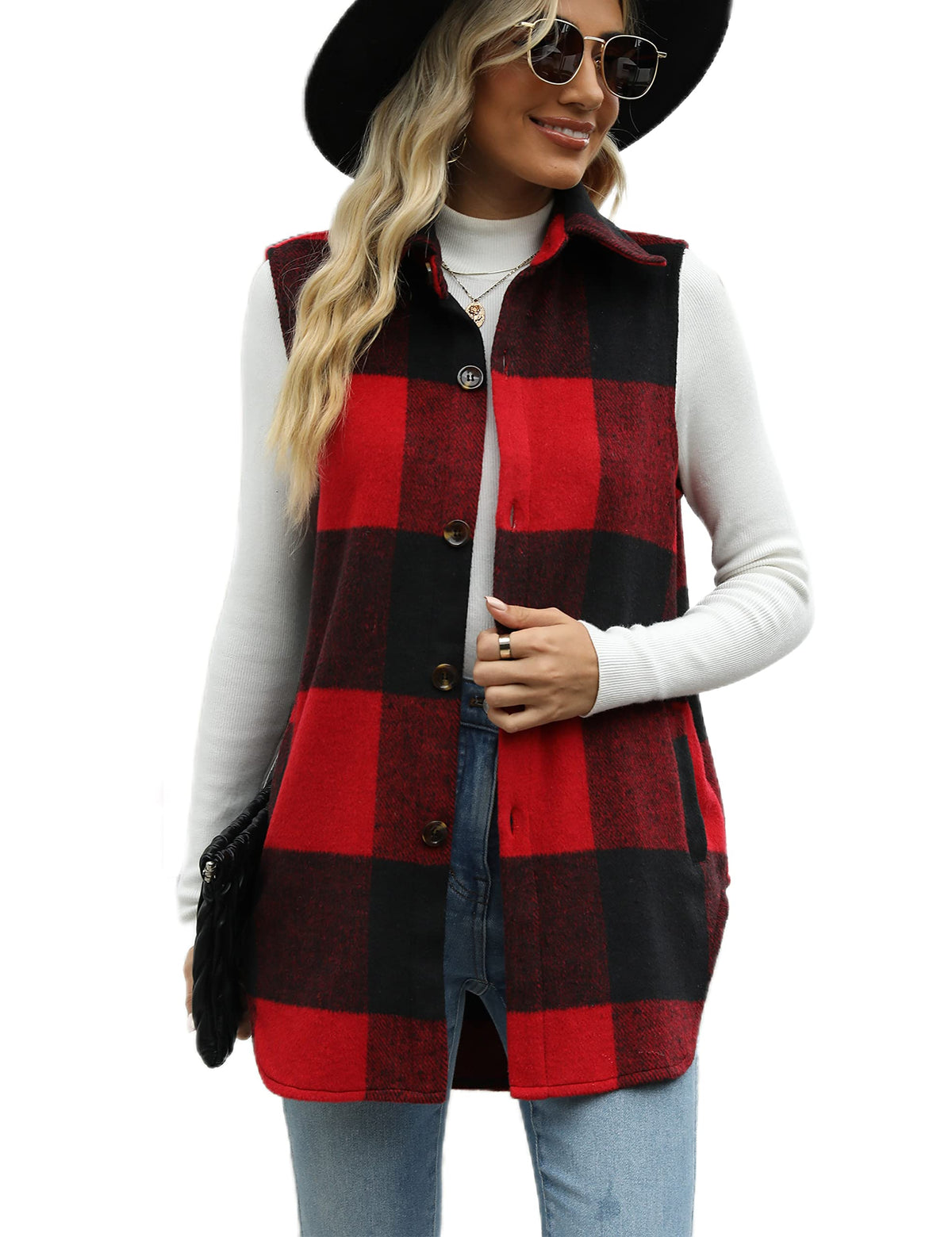Tanming Women's Plaid Vest Fall Flannel Sleeveless Shacket