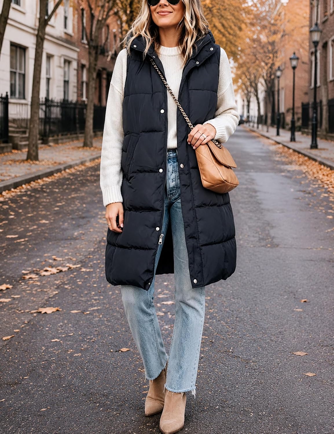 Tanming Women's Long Puffer Vest with Removable Hood