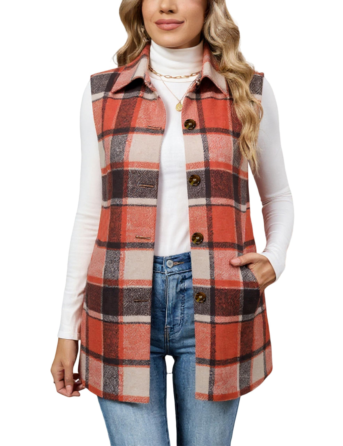Tanming Women's Plaid Vest Fall Flannel Sleeveless Shacket
