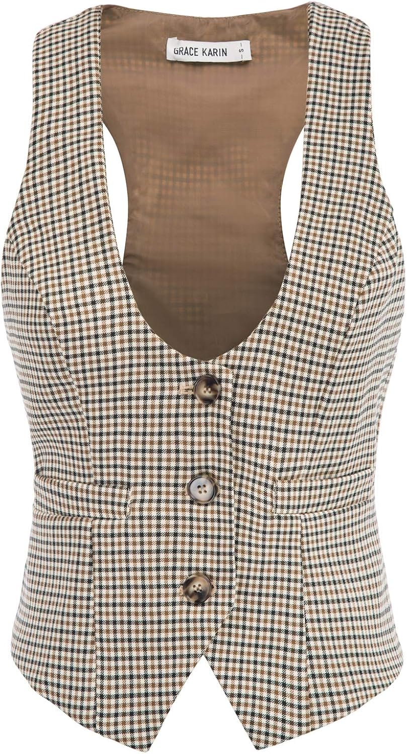 GRACE KARIN Women's Suit Vest Top, Dressy Casual Sleeveless Button Waistcoat, Fromal Steampunk Blazer for Work Office