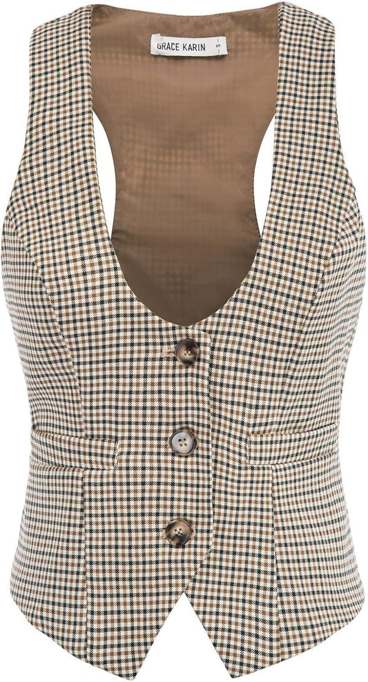GRACE KARIN Women's Suit Vest Top, Dressy Casual Sleeveless Button Waistcoat, Fromal Steampunk Blazer for Work Office