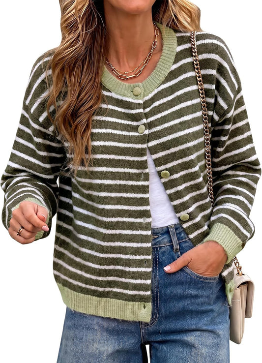 Cicy Bell Women Striped Cardigan Sweater Button Down Crewneck Knitwear