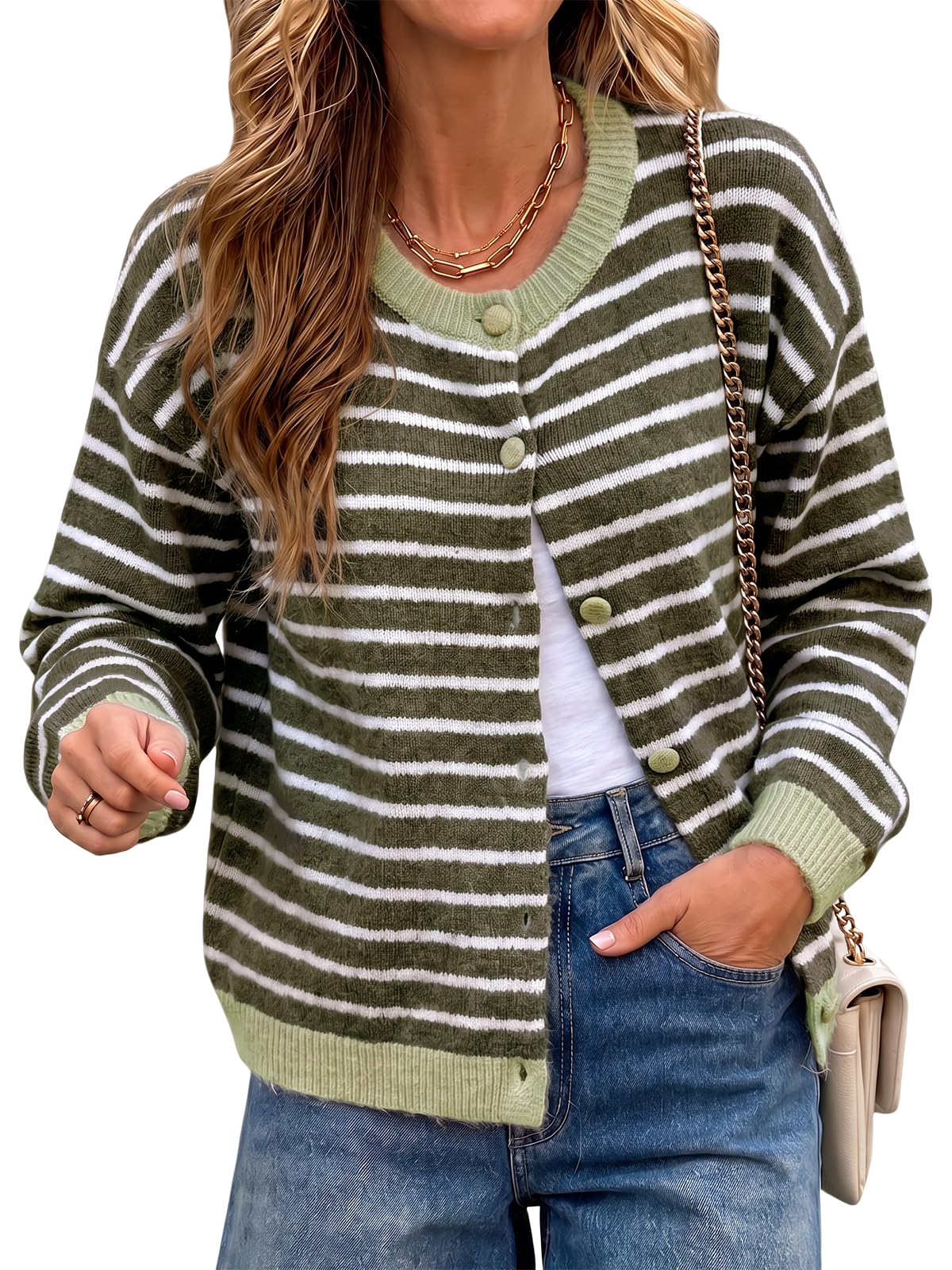 Cicy Bell Women Striped Cardigan Sweater Button Down Crewneck Knitwear