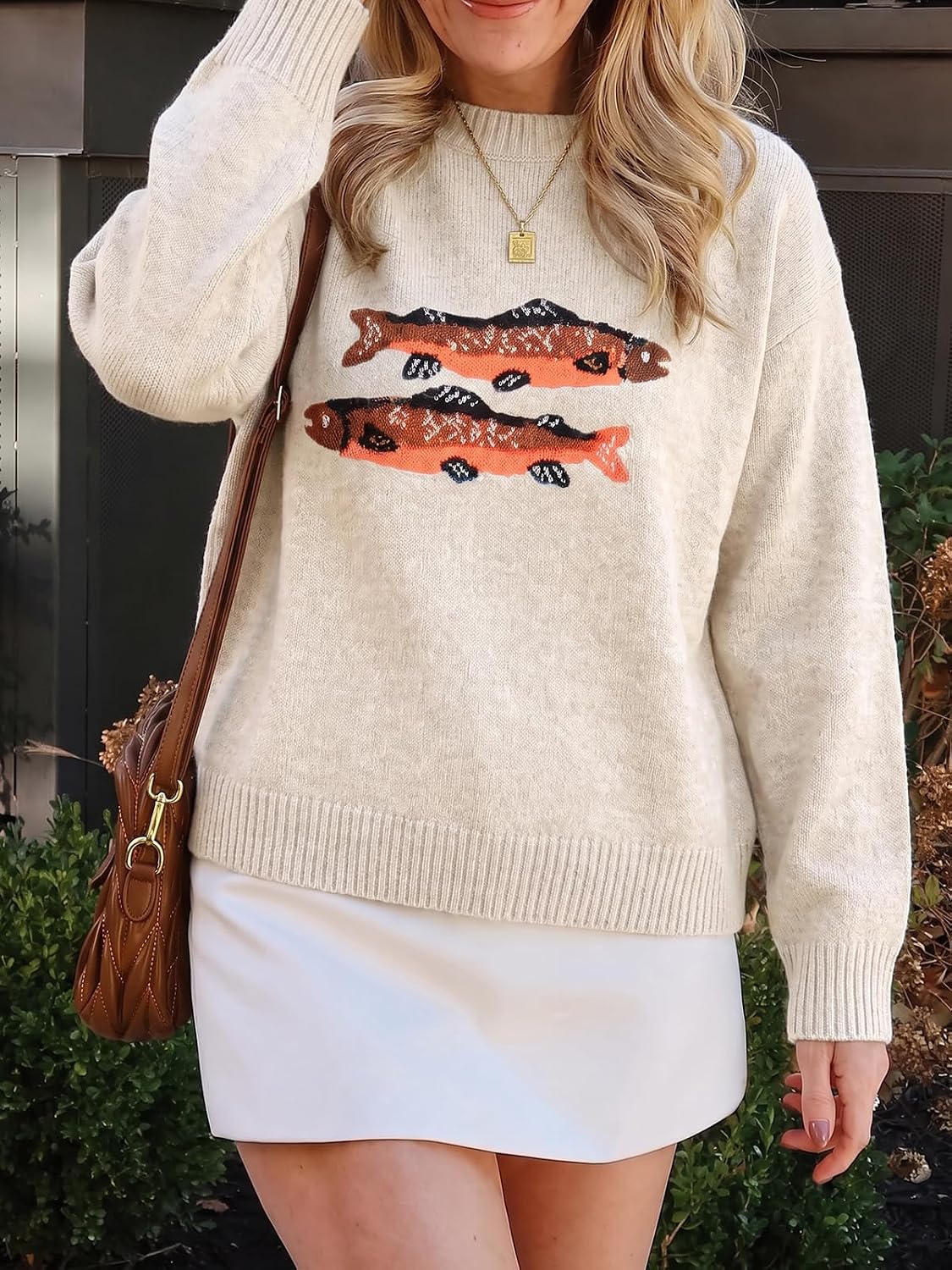 Flowyair Womens Fish Graphic Sweater Long Sleeve Knit Crew Neck Pullover