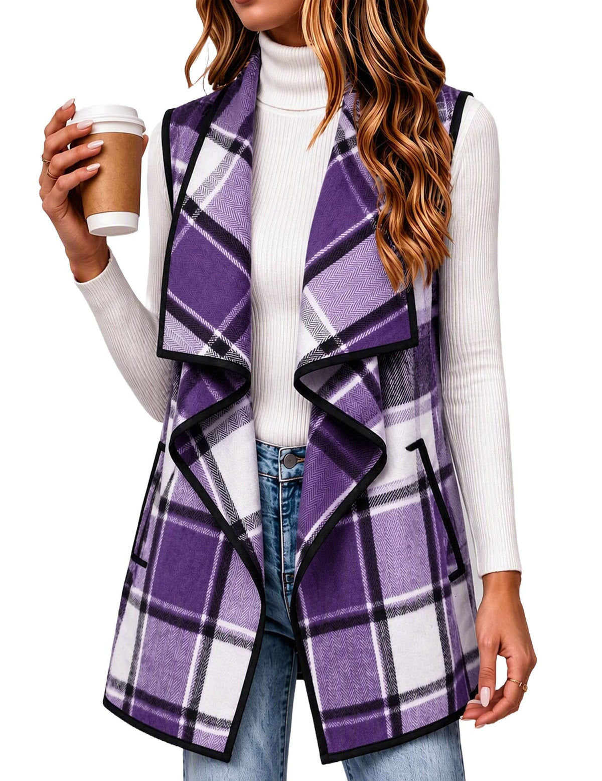 Zeagoo Women Vest Long Plaid Jackets Sleeveless Flannel Coats with Pockets