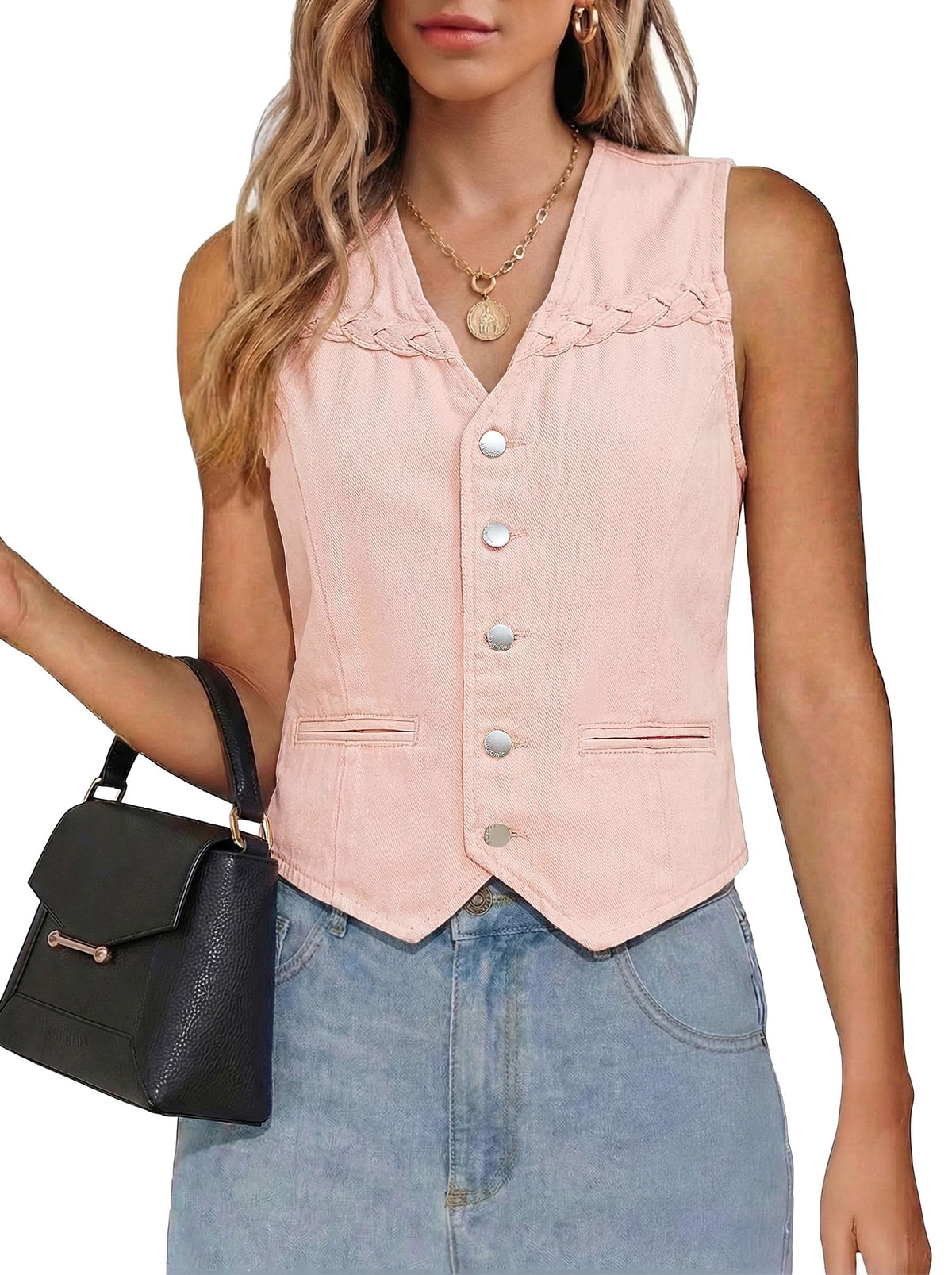 luvamia Denim Vest Women Trendy Button Down Braided Adjustable Waist Western Casual Sleeveless Jean Waistcoat Vests Top