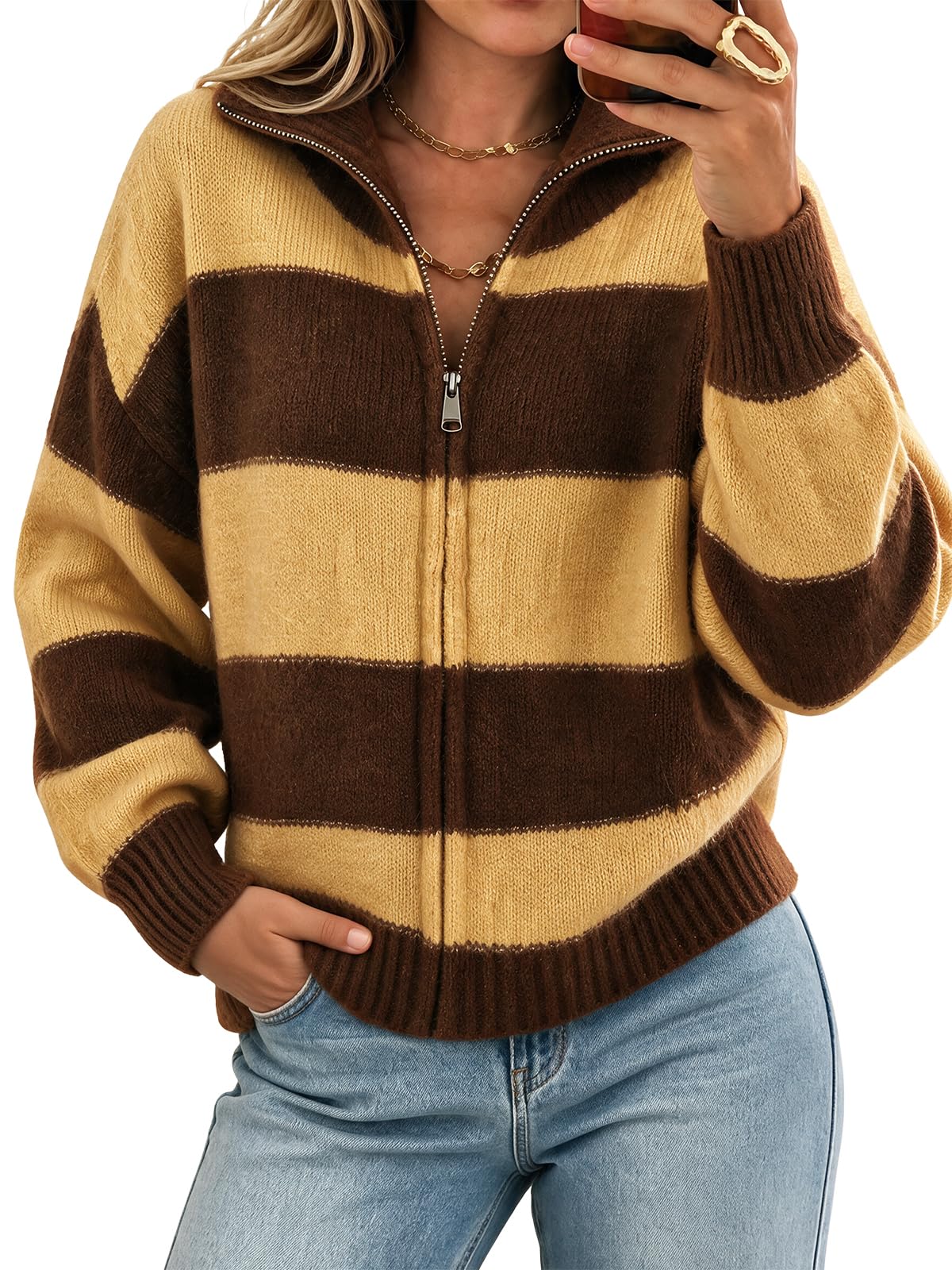Cicy Bell Women Striped Color Block Cardigan Zip Long Sleeve Knit Sweater