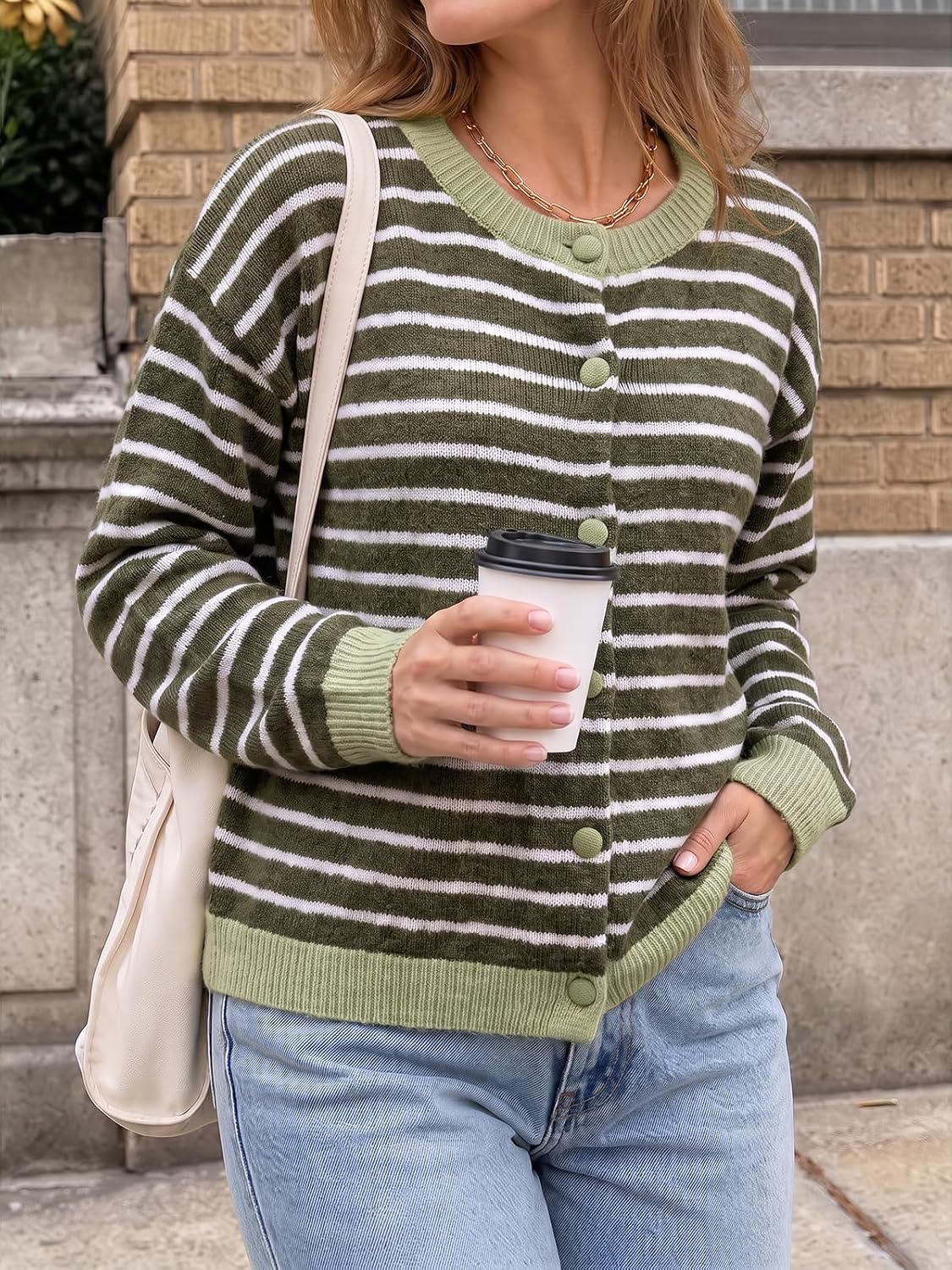 Cicy Bell Women Striped Cardigan Sweater Button Down Crewneck Knitwear