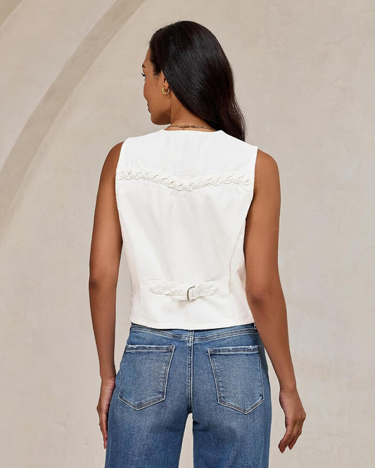 luvamia Denim Vest Women Trendy Button Down Braided Adjustable Waist Western Casual Sleeveless Jean Waistcoat Vests Top